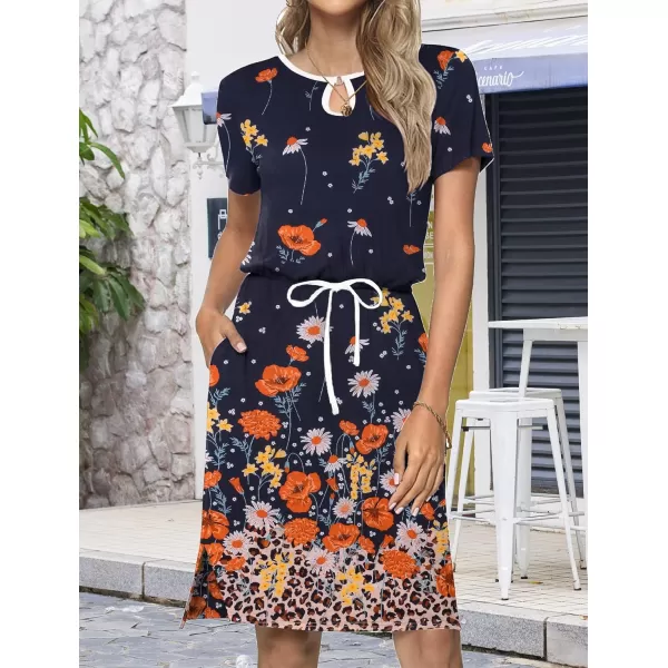 HOTOUCH Dresses for Women 2024 Summer Casual Beach Sundress Short Sleeve Shift Dress O Neck TShirt Dress with PocketsFloral 02