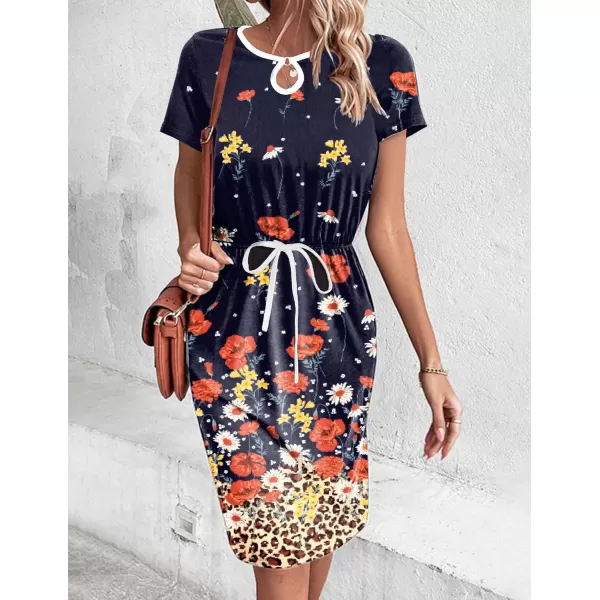 HOTOUCH Dresses for Women 2024 Summer Casual Beach Sundress Short Sleeve Shift Dress O Neck TShirt Dress with PocketsFloral 02