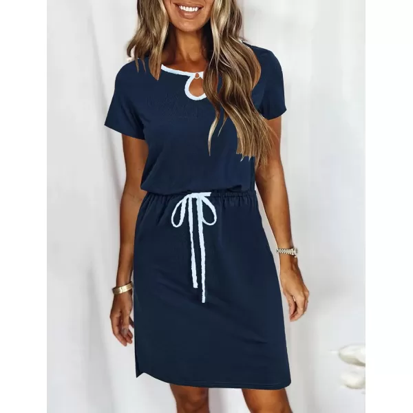 HOTOUCH Dresses for Women 2024 Summer Casual Beach Sundress Short Sleeve Shift Dress O Neck TShirt Dress with PocketsNavy Blue