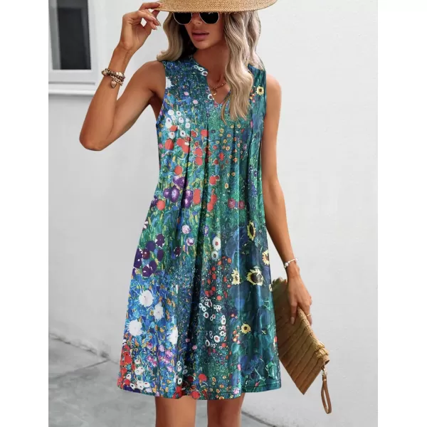 HOTOUCH Women Casual ALine Dress with Pockets 2024 Sleeveless V Neck Pleated Sundress Loose TShirt Work Office DressesBlue Floral03