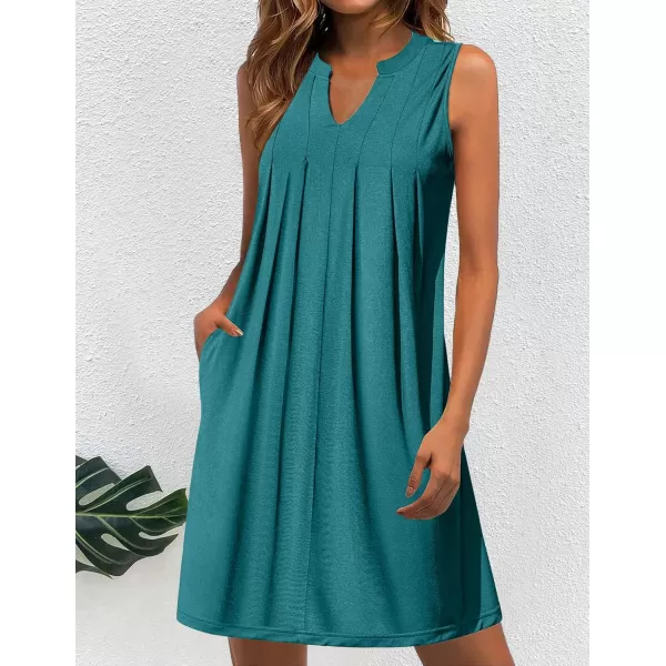 HOTOUCH Women Casual ALine Dress with Pockets 2024 Sleeveless V Neck Pleated Sundress Loose TShirt Work Office DressesBlue1