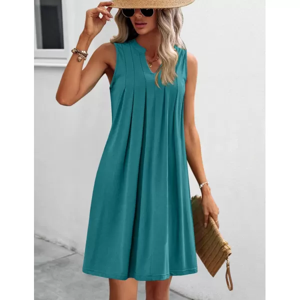 HOTOUCH Women Casual ALine Dress with Pockets 2024 Sleeveless V Neck Pleated Sundress Loose TShirt Work Office DressesBlue1