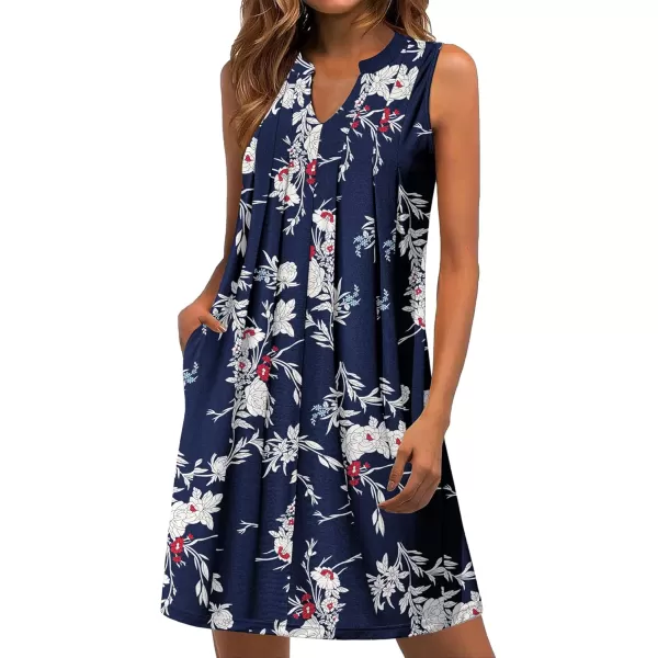 HOTOUCH Women Casual ALine Dress with Pockets 2024 Sleeveless V Neck Pleated Sundress Loose TShirt Work Office DressesBluefloral