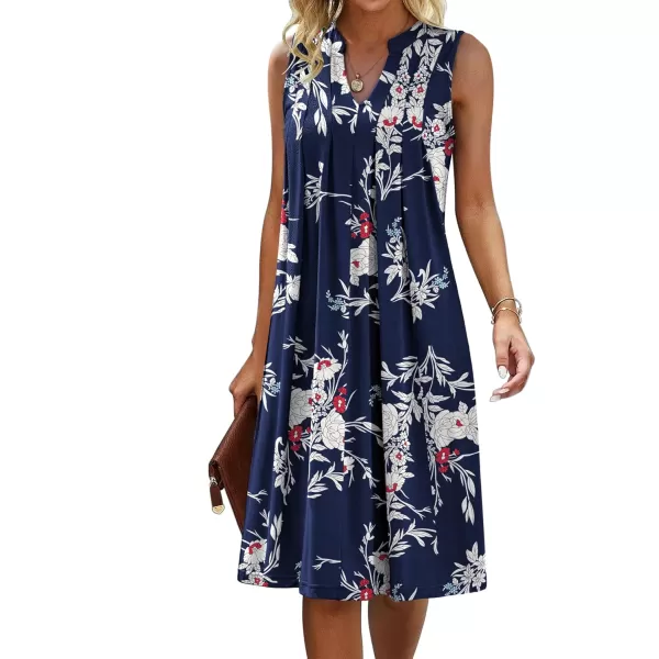 HOTOUCH Women Casual ALine Dress with Pockets 2024 Sleeveless V Neck Pleated Sundress Loose TShirt Work Office DressesBluefloral