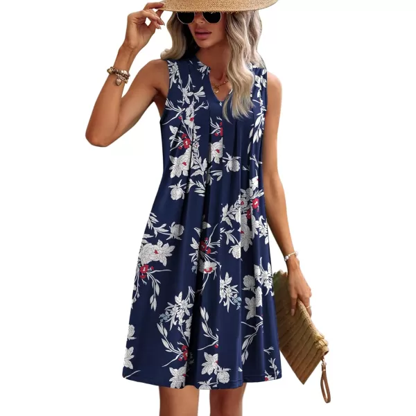 HOTOUCH Women Casual ALine Dress with Pockets 2024 Sleeveless V Neck Pleated Sundress Loose TShirt Work Office DressesBluefloral