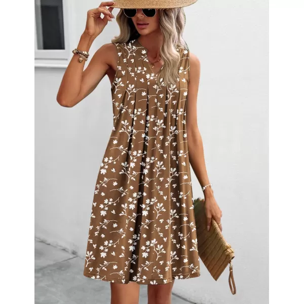 HOTOUCH Women Casual ALine Dress with Pockets 2024 Sleeveless V Neck Pleated Sundress Loose TShirt Work Office DressesBrown Floral