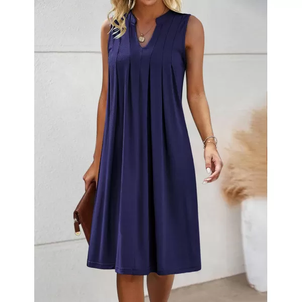 HOTOUCH Women Casual ALine Dress with Pockets 2024 Sleeveless V Neck Pleated Sundress Loose TShirt Work Office DressesNavy Blue