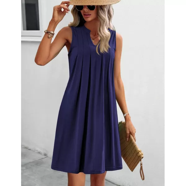 HOTOUCH Women Casual ALine Dress with Pockets 2024 Sleeveless V Neck Pleated Sundress Loose TShirt Work Office DressesNavy Blue