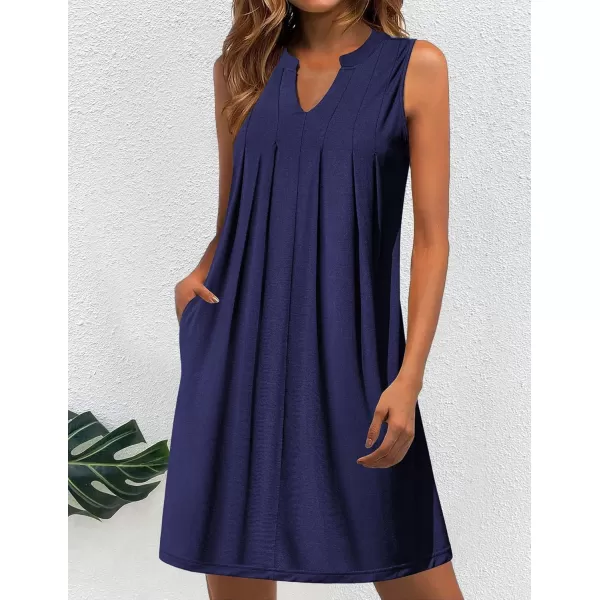 HOTOUCH Women Casual ALine Dress with Pockets 2024 Sleeveless V Neck Pleated Sundress Loose TShirt Work Office DressesNavy Blue