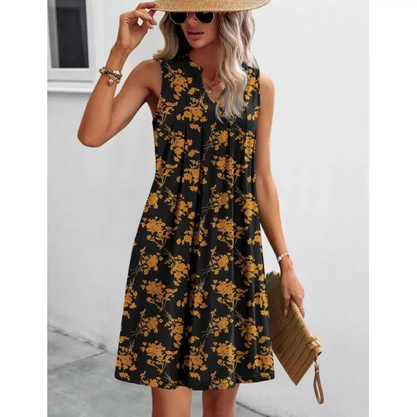 HOTOUCH Women Casual ALine Dress with Pockets 2024 Sleeveless V Neck Pleated Sundress Loose TShirt Work Office DressesOrangefloral