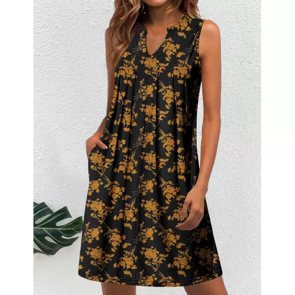 HOTOUCH Women Casual ALine Dress with Pockets 2024 Sleeveless V Neck Pleated Sundress Loose TShirt Work Office DressesOrangefloral