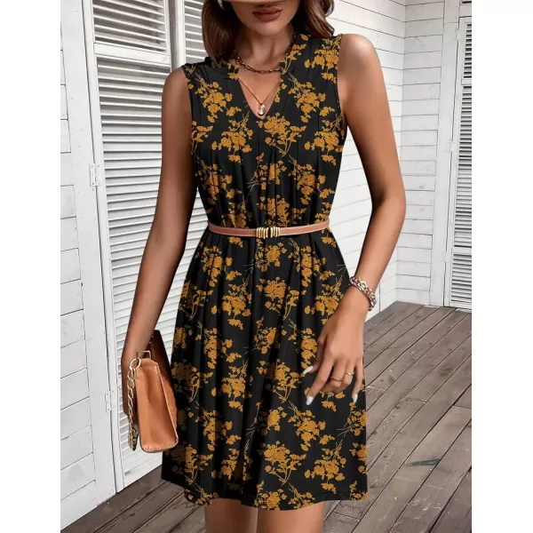 HOTOUCH Women Casual ALine Dress with Pockets 2024 Sleeveless V Neck Pleated Sundress Loose TShirt Work Office DressesOrangefloral