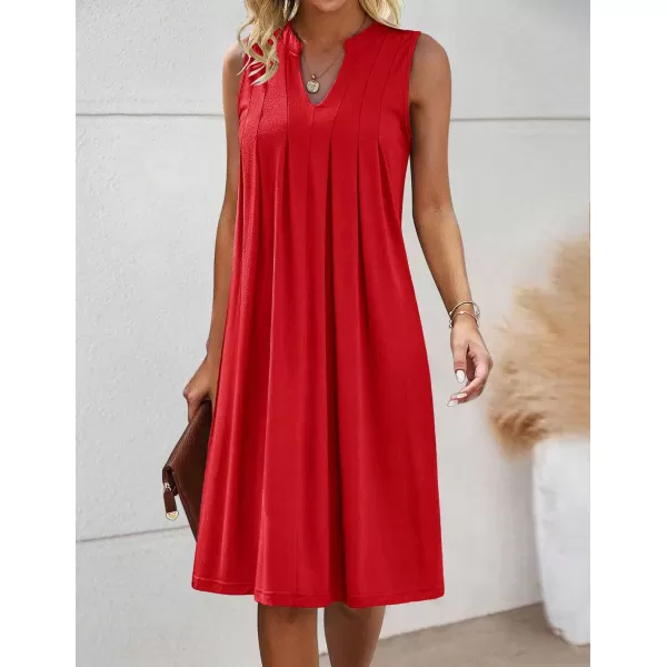 HOTOUCH Women Casual ALine Dress with Pockets 2024 Sleeveless V Neck Pleated Sundress Loose TShirt Work Office DressesRed