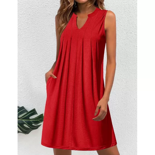 HOTOUCH Women Casual ALine Dress with Pockets 2024 Sleeveless V Neck Pleated Sundress Loose TShirt Work Office DressesRed