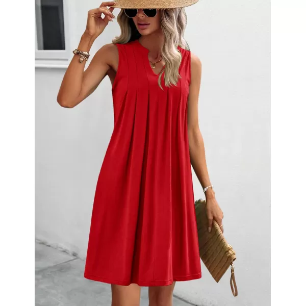 HOTOUCH Women Casual ALine Dress with Pockets 2024 Sleeveless V Neck Pleated Sundress Loose TShirt Work Office DressesRed