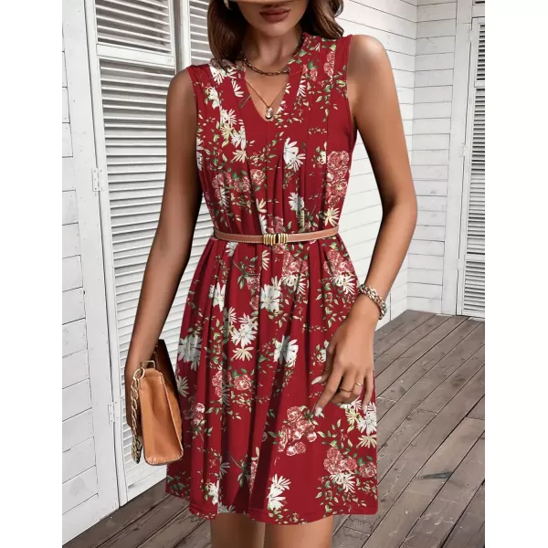 HOTOUCH Women Casual ALine Dress with Pockets 2024 Sleeveless V Neck Pleated Sundress Loose TShirt Work Office DressesRed Floral