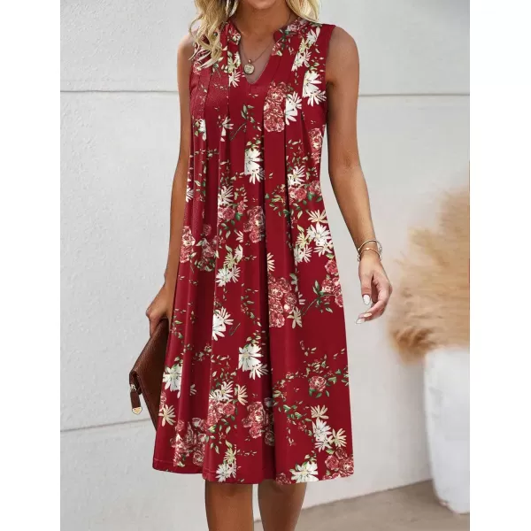 HOTOUCH Women Casual ALine Dress with Pockets 2024 Sleeveless V Neck Pleated Sundress Loose TShirt Work Office DressesRed Floral