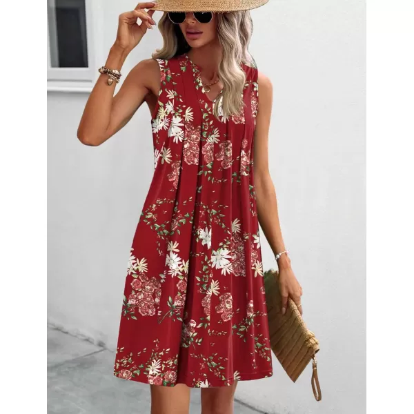 HOTOUCH Women Casual ALine Dress with Pockets 2024 Sleeveless V Neck Pleated Sundress Loose TShirt Work Office DressesRed Floral