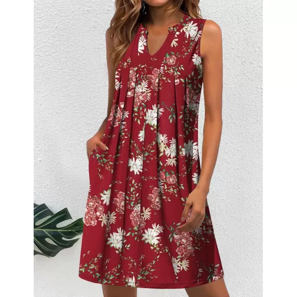 HOTOUCH Women Casual ALine Dress with Pockets 2024 Sleeveless V Neck Pleated Sundress Loose TShirt Work Office DressesRed Floral