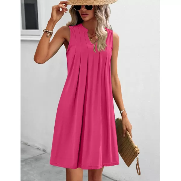 HOTOUCH Women Casual ALine Dress with Pockets 2024 Sleeveless V Neck Pleated Sundress Loose TShirt Work Office DressesRose Red