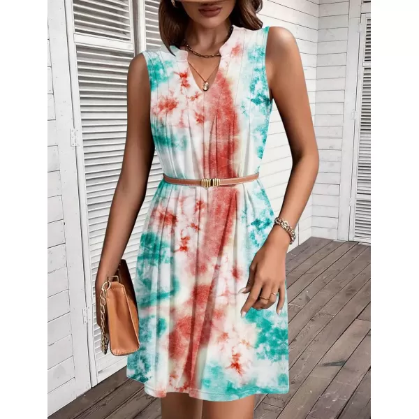 HOTOUCH Women Casual ALine Dress with Pockets 2024 Sleeveless V Neck Pleated Sundress Loose TShirt Work Office DressesTie Dye