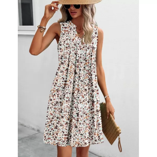 HOTOUCH Women Casual ALine Dress with Pockets 2024 Sleeveless V Neck Pleated Sundress Loose TShirt Work Office DressesWhite Floral01