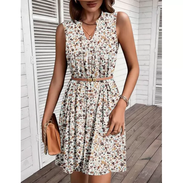 HOTOUCH Women Casual ALine Dress with Pockets 2024 Sleeveless V Neck Pleated Sundress Loose TShirt Work Office DressesWhite Floral01