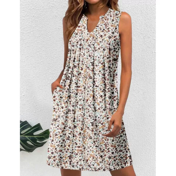 HOTOUCH Women Casual ALine Dress with Pockets 2024 Sleeveless V Neck Pleated Sundress Loose TShirt Work Office DressesWhite Floral01