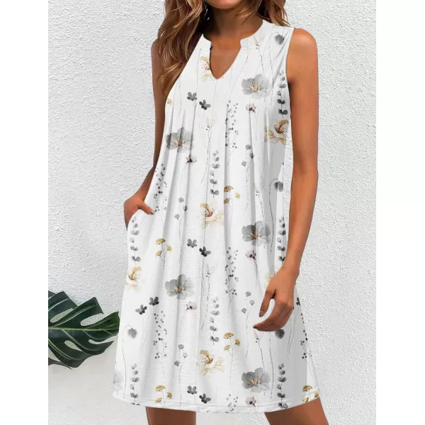 HOTOUCH Women Casual ALine Dress with Pockets 2024 Sleeveless V Neck Pleated Sundress Loose TShirt Work Office DressesWhite Printed