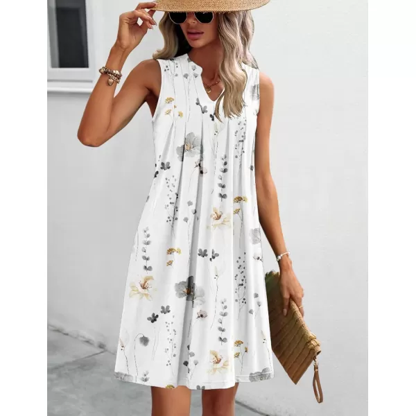 HOTOUCH Women Casual ALine Dress with Pockets 2024 Sleeveless V Neck Pleated Sundress Loose TShirt Work Office DressesWhite Printed