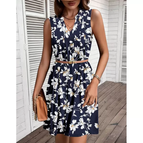 HOTOUCH Women Casual ALine Dress with Pockets 2024 Sleeveless V Neck Pleated Sundress Loose TShirt Work Office DressesWhitefloral