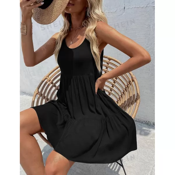 HOTOUCH Women Casual Summer Dress Sleeveless Ruffle Swing Dress with Pockets Tiered Mini Sundress Tank Short Dress A LineAblack