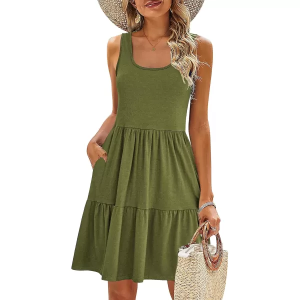 HOTOUCH Women Casual Summer Dress Sleeveless Ruffle Swing Dress with Pockets Tiered Mini Sundress Tank Short Dress A LineArmy Green