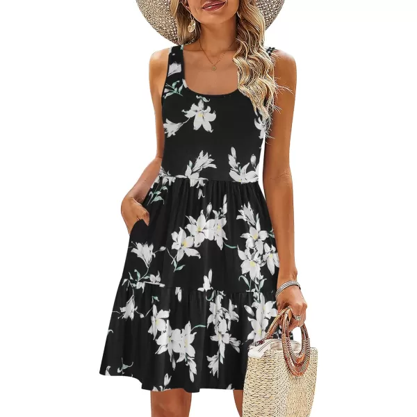 HOTOUCH Women Casual Summer Dress Sleeveless Ruffle Swing Dress with Pockets Tiered Mini Sundress Tank Short Dress A LineBlack Floral