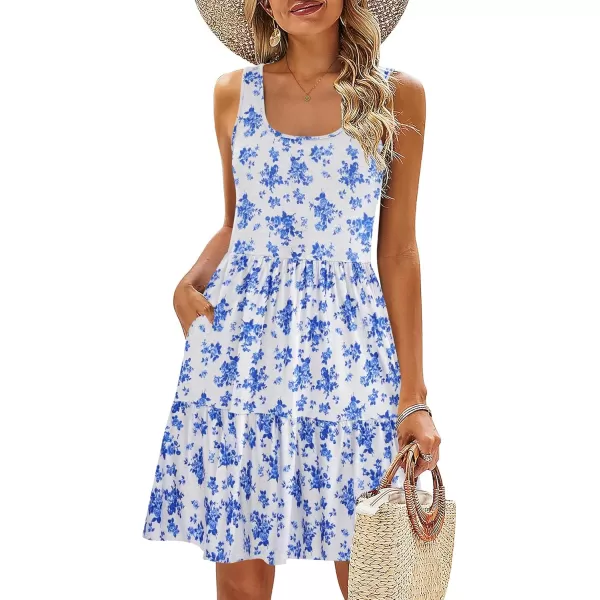 HOTOUCH Women Casual Summer Dress Sleeveless Ruffle Swing Dress with Pockets Tiered Mini Sundress Tank Short Dress A LineBlue Floral