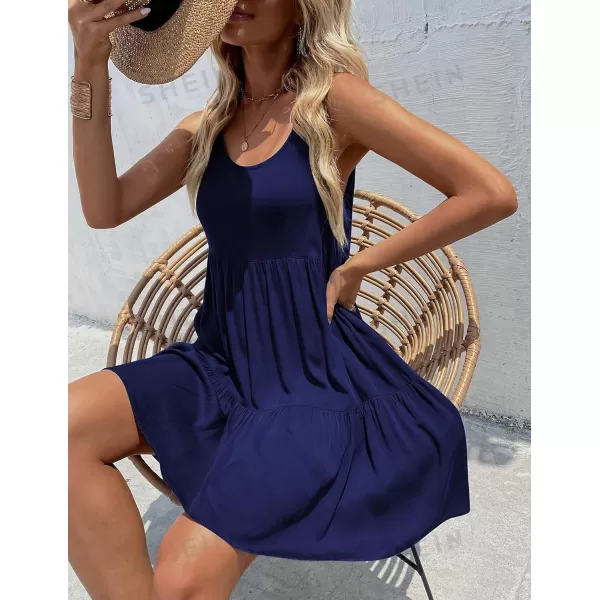 HOTOUCH Women Casual Summer Dress Sleeveless Ruffle Swing Dress with Pockets Tiered Mini Sundress Tank Short Dress A LineNavy