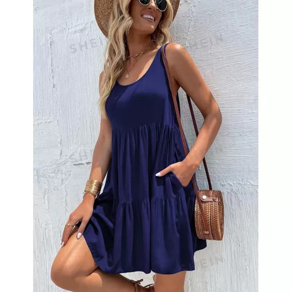 HOTOUCH Women Casual Summer Dress Sleeveless Ruffle Swing Dress with Pockets Tiered Mini Sundress Tank Short Dress A LineNavy