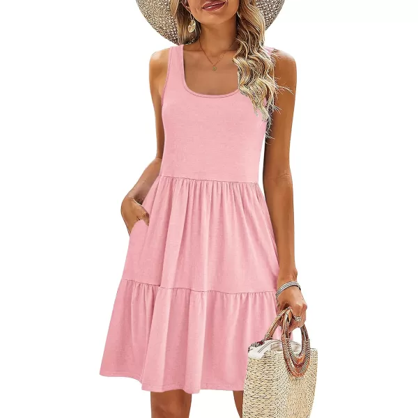 HOTOUCH Women Casual Summer Dress Sleeveless Ruffle Swing Dress with Pockets Tiered Mini Sundress Tank Short Dress A LinePink