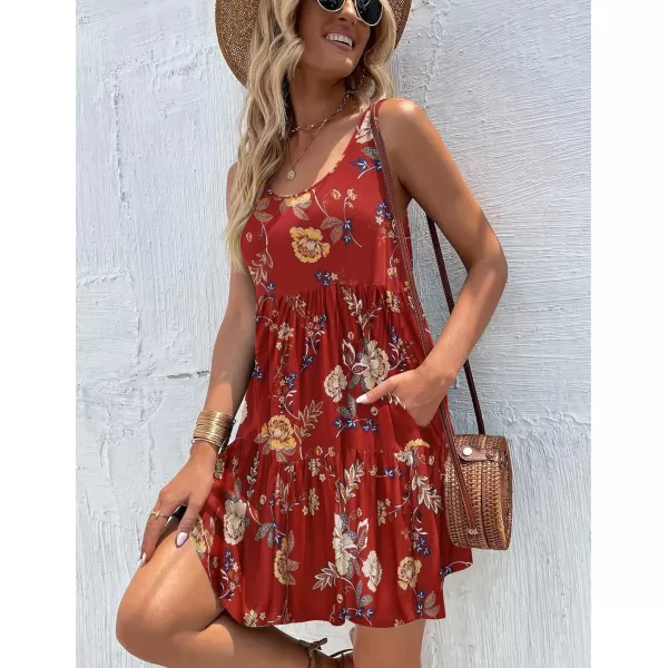 HOTOUCH Women Casual Summer Dress Sleeveless Ruffle Swing Dress with Pockets Tiered Mini Sundress Tank Short Dress A LineRed Floral