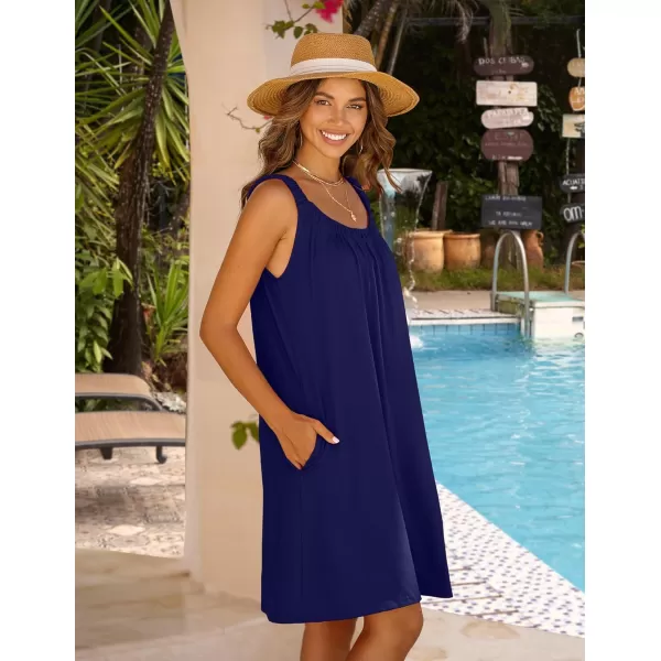 HOTOUCH Women Dress 2024 Summer Casual T Shirt Dress Beach Cover Up Sleeveless Sundress Tank Dress with PocketsNavy Blue