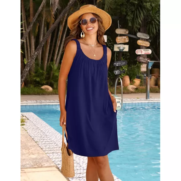 HOTOUCH Women Dress 2024 Summer Casual T Shirt Dress Beach Cover Up Sleeveless Sundress Tank Dress with PocketsNavy Blue