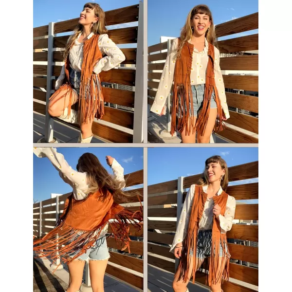 HOTOUCH Women Fringe Vest 70s Hippie Costume Faux Suede Sleeveless Tassels Cardigan Cowgirl Western TopsBrown