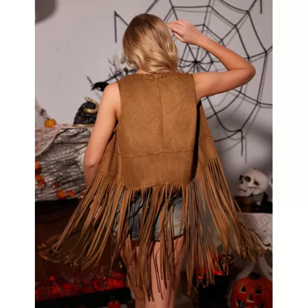 HOTOUCH Women Fringe Vest 70s Hippie Costume Faux Suede Sleeveless Tassels Cardigan Cowgirl Western TopsDark Brown