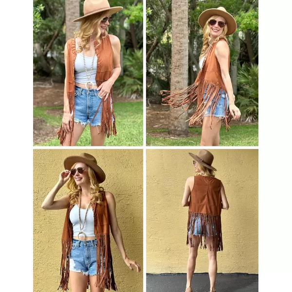 HOTOUCH Women Fringe Vest 70s Hippie Costume Faux Suede Sleeveless Tassels Cardigan Cowgirl Western TopsDark Brown