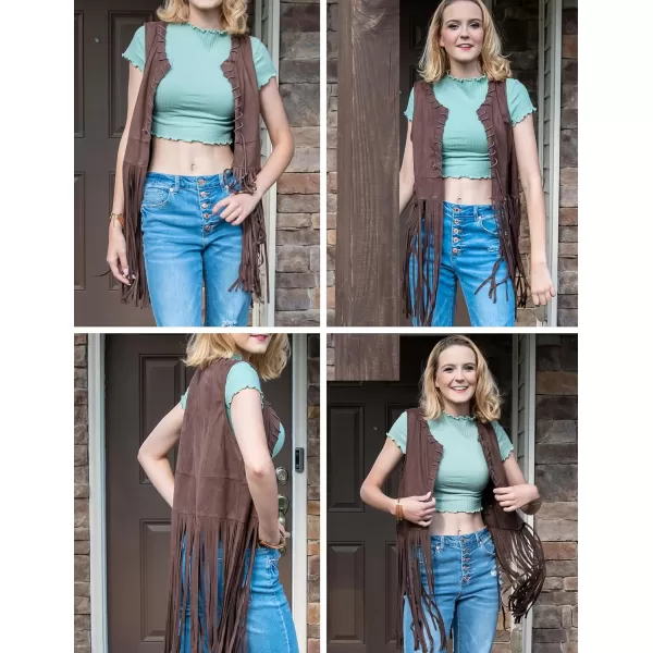 HOTOUCH Women Fringe Vest 70s Hippie Costume Faux Suede Sleeveless Tassels Cardigan Cowgirl Western TopsDark Khaki