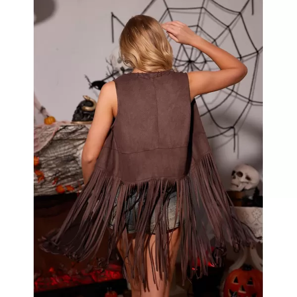HOTOUCH Women Fringe Vest 70s Hippie Costume Faux Suede Sleeveless Tassels Cardigan Cowgirl Western TopsDark Khaki