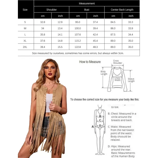 HOTOUCH Women Fringe Vest 70s Hippie Costume Faux Suede Sleeveless Tassels Cardigan Cowgirl Western TopsKhaki