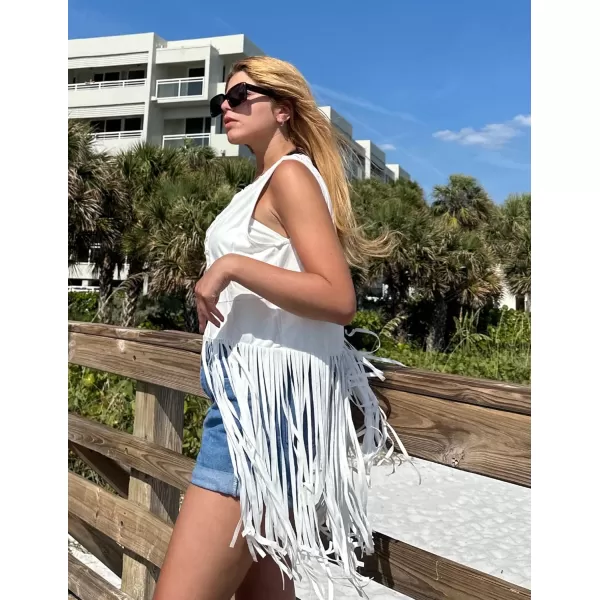 HOTOUCH Women Fringe Vest 70s Hippie Costume Faux Suede Sleeveless Tassels Cardigan Cowgirl Western TopsWhite