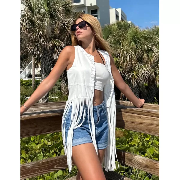 HOTOUCH Women Fringe Vest 70s Hippie Costume Faux Suede Sleeveless Tassels Cardigan Cowgirl Western TopsWhite