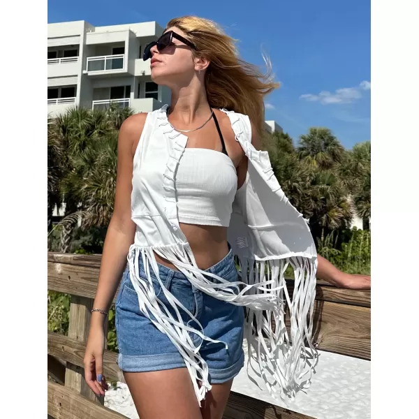 HOTOUCH Women Fringe Vest 70s Hippie Costume Faux Suede Sleeveless Tassels Cardigan Cowgirl Western TopsWhite
